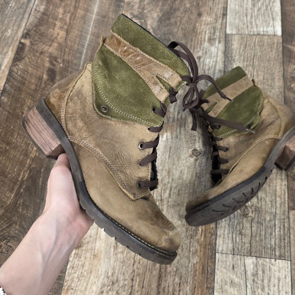 Dromedaris Kara Olive Leather Suede Ankle Boots Lace Up Comfort Boots EU 40 US 9